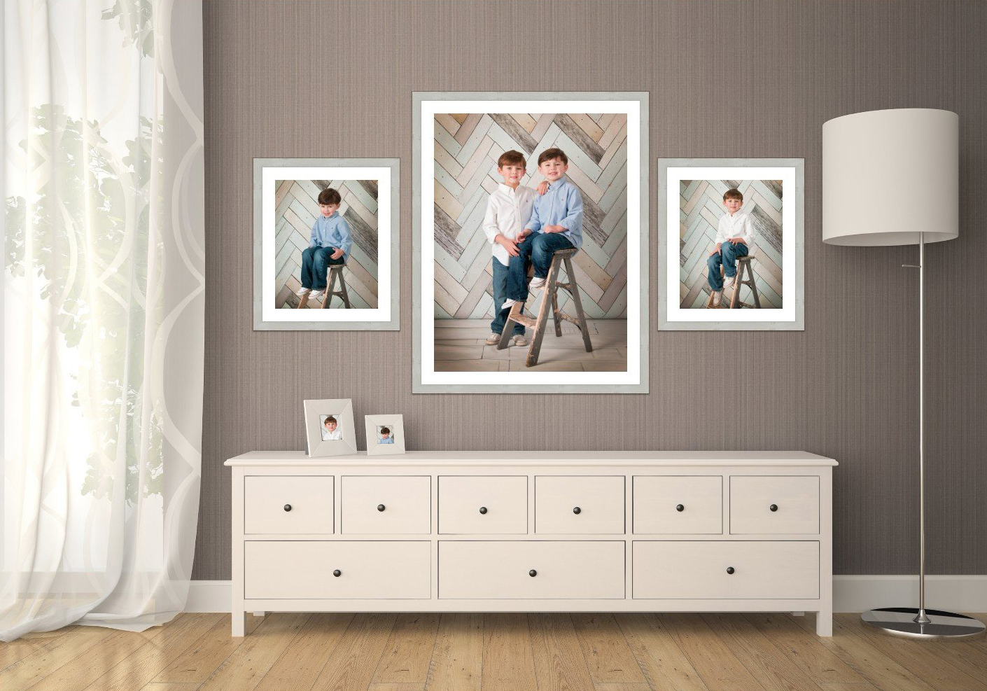 Mock up of sibling portraits to show small prints can lead to big sales when showing size comparison.