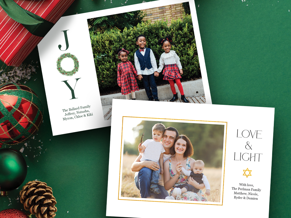 McKenna offers new holiday card designs for 2025. Shown is a JOY holiday card template and a LOVE & LIGHT Hanukkah card template.