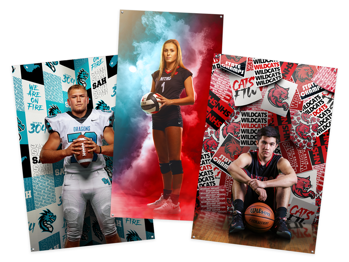 McKenna offers custom Sports Banners. The designs featured here are from Josh Hanna Photo Design featuring a football, volleyball, and basketball player.